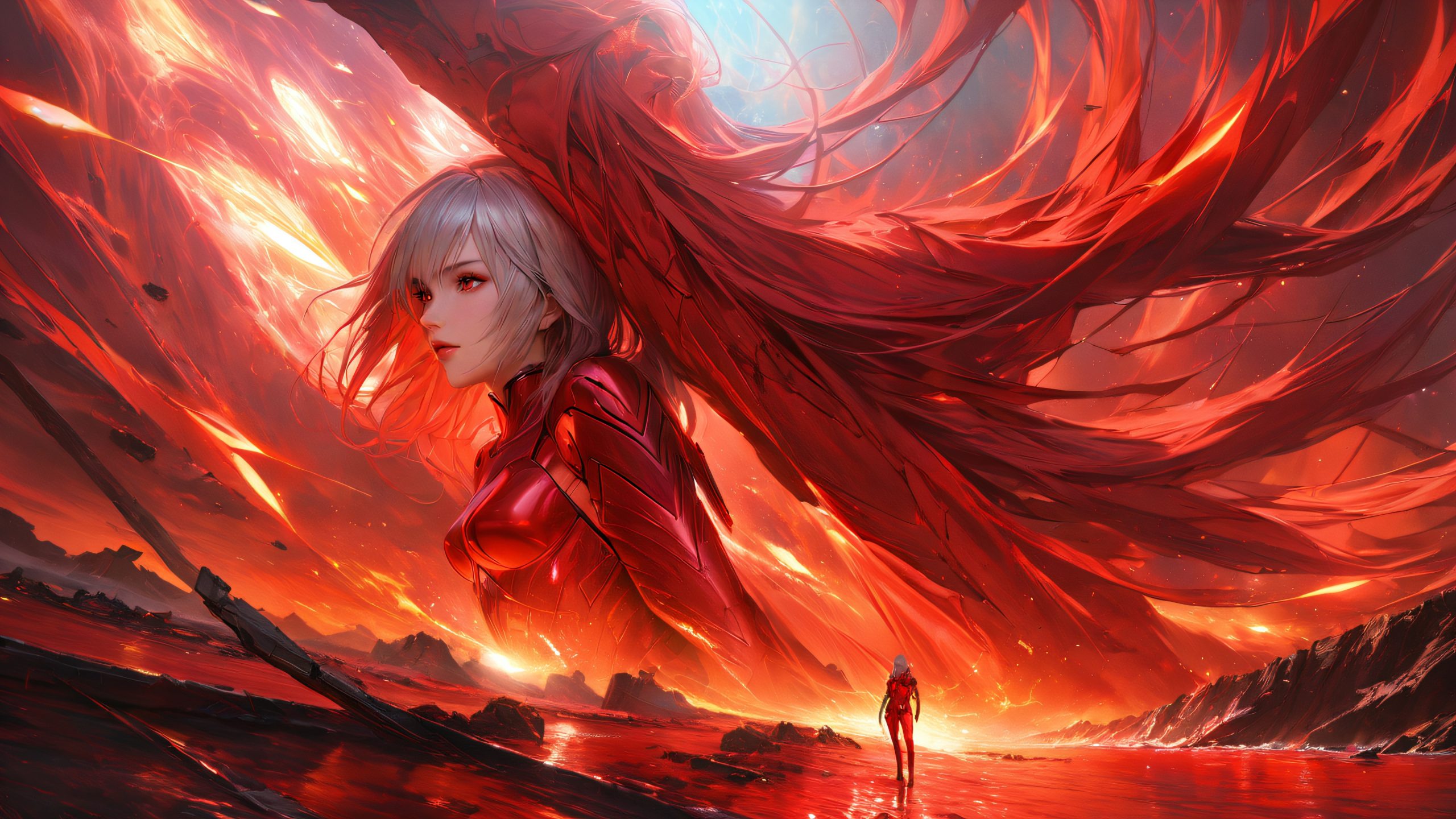 Rei's Crimson Vortex Aesthetic PC Wallpaper Anime desktop wallpaper featuring Rei Ayanami standing amidst a swirling vortex of crimson energy and post-apocalyptic landscape on Desktop/PC.