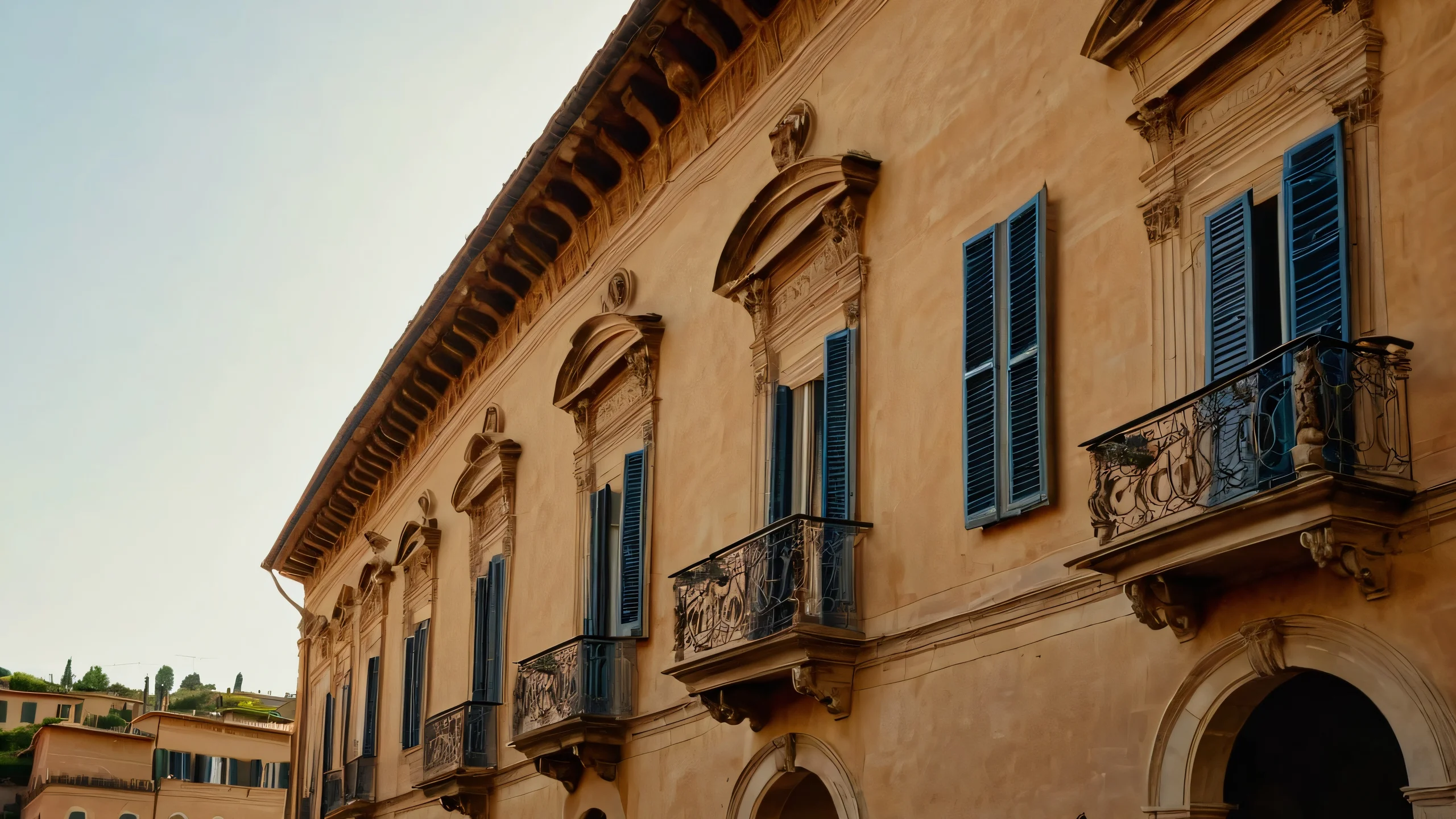 Italian Renaissance-style balconies in a photorealistic urban landscape with intricate stone carvings and ornate metalwork, set against a backdrop of cityscapes with high texture density and subtle depth-of-field blur.