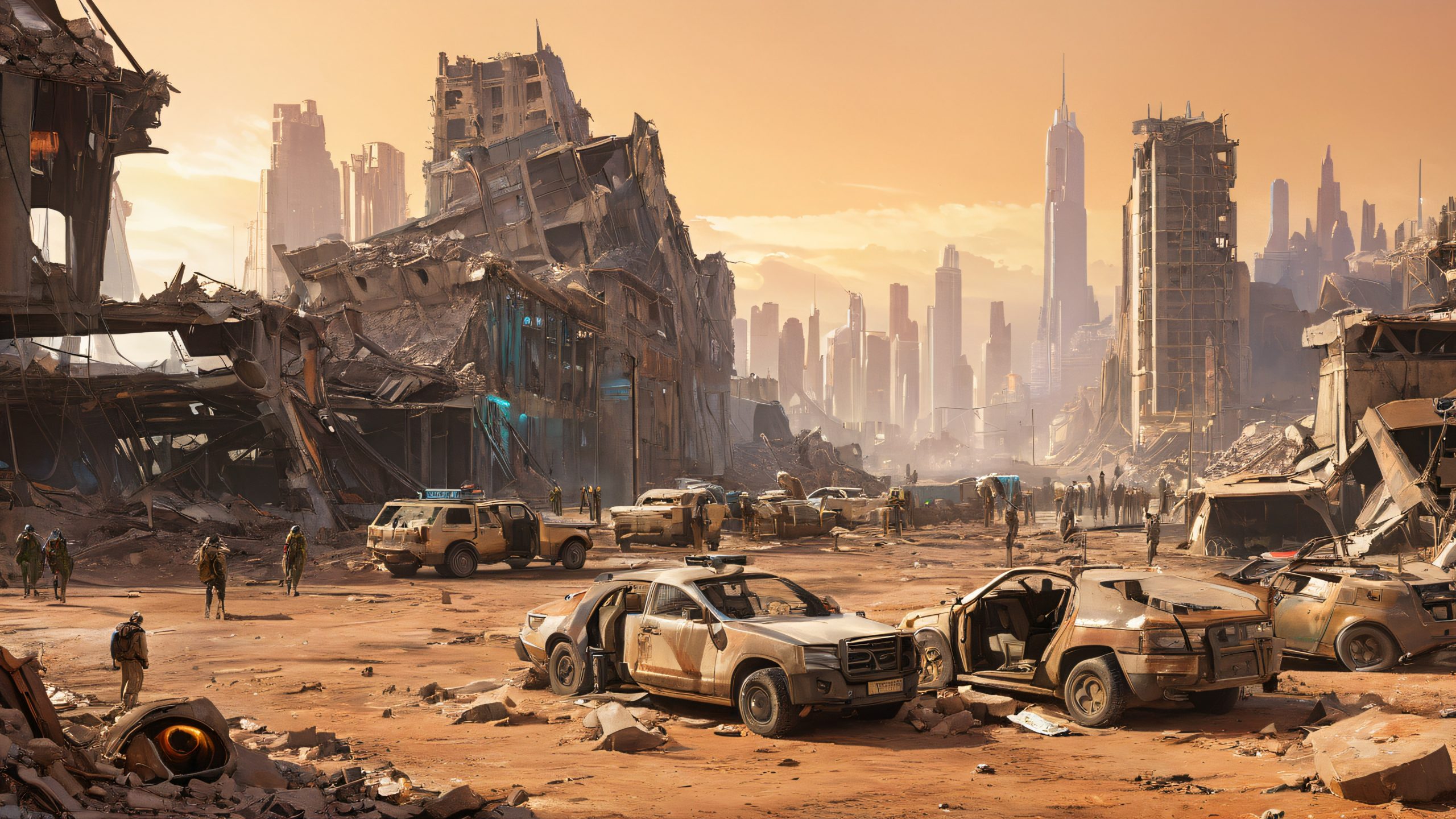 A group of survivors, including humans and humanoid alien species, huddle together for comfort and support amidst the ruins of an intergalactic metropolis. Suitable for desktop/pc backgrounds.