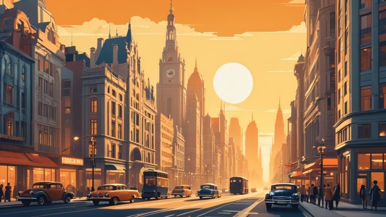 retro cityscape at dusk scaled