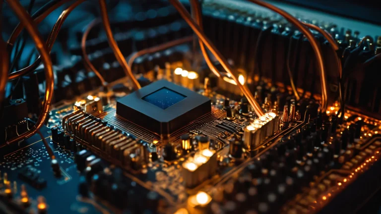Vintage computer hardware with copper wiring and circuit boards in a dimly lit laboratory setting.