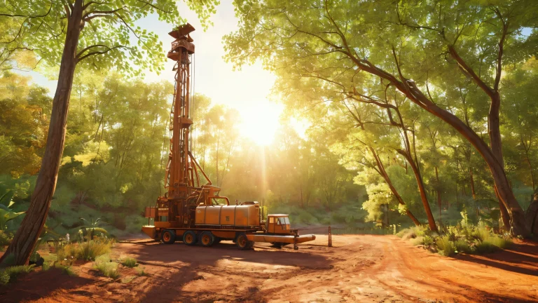 A vintage well drilling rig surrounded by a forest clearing, with warm sunlight and lush greenery. Suitable for desktop/PC background.