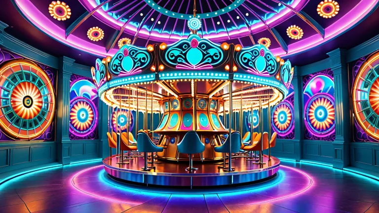 Mesmerizing desktop wallpaper featuring undulating carousels and gears on a darkened room with neon glow, Geeignet für den PC- oder Desktop-Einsatz.