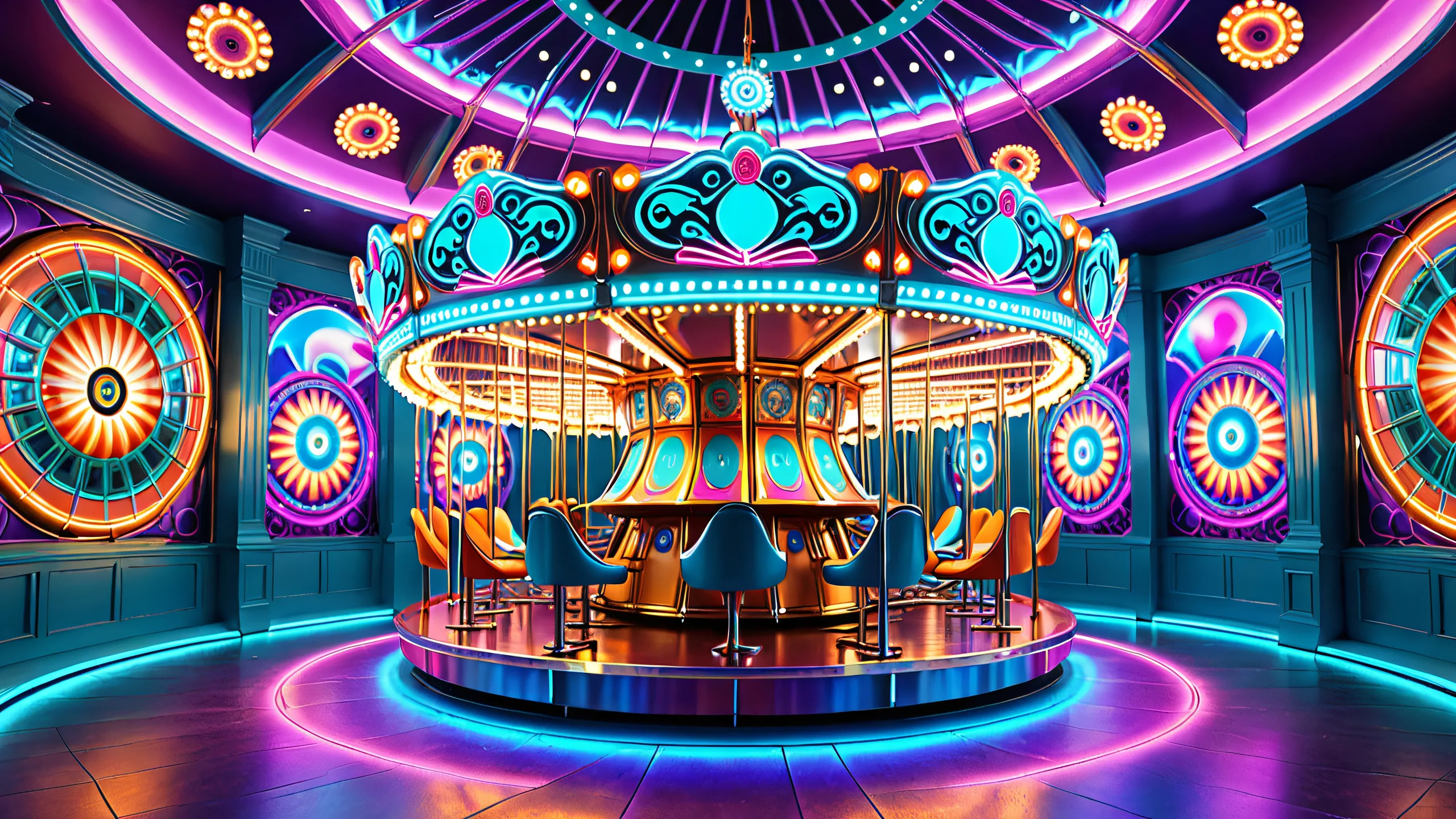 Aesthetic Retro-Futuristic Carousel Hypnosis BackgroundPCまたはデスクトップでの使用に適しています Mesmerizing desktop wallpaper featuring undulating carousels and gears on a darkened room with neon glow, suitable for PC or Desktop use.