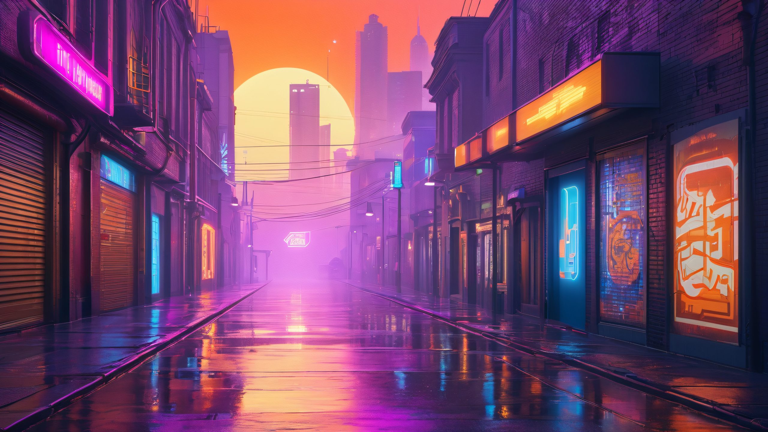 A nostalgic cityscape with neon lights and digital clock, perfect for desktop or PC backgrounds.