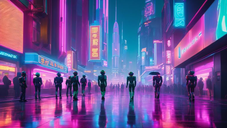 retro futuristic cityscape neon lit nightlife scene scaled