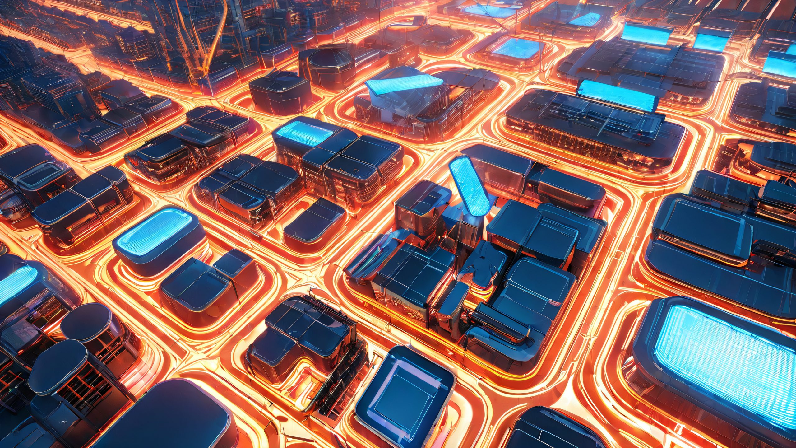 A futuristic cityscape featuring neon-colored wireframes and retro-futuristic architecture at dusk.