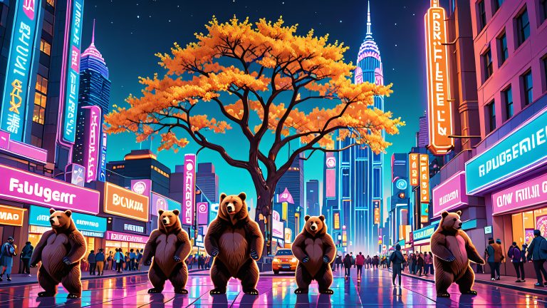 retro futuristic cityscape pixel art bears 4k wallpaper scaled