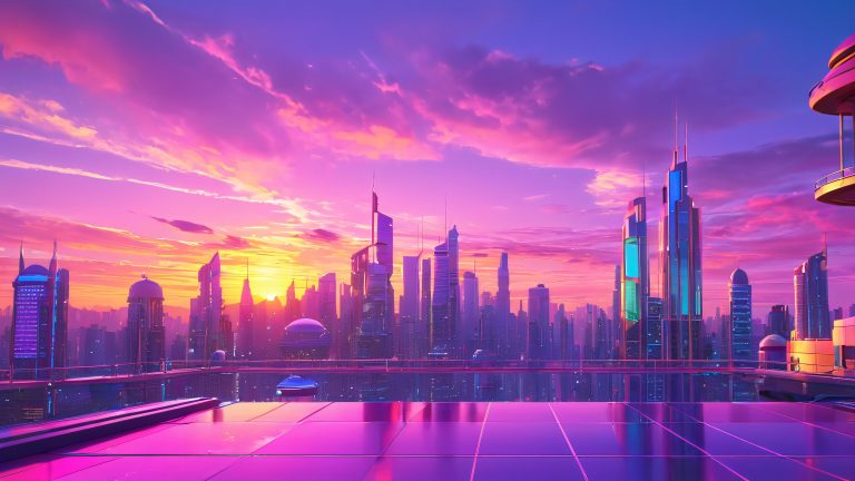 retro futuristic cityscape sunset wallpaper scaled