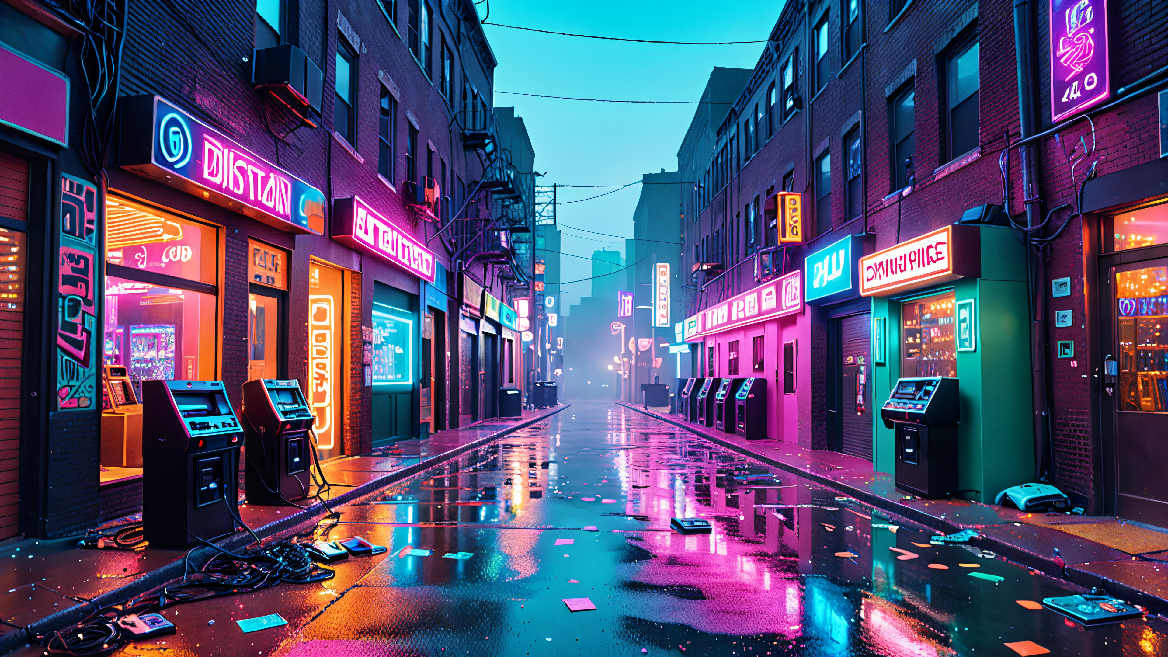 A nostalgic city alleyway scene with retro-futuristic elements, VHS tape tapes, and neon lights