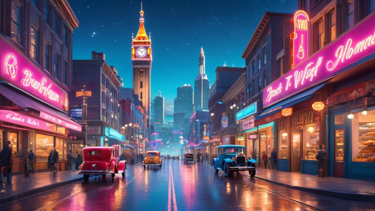 retro futuristic cityscape vintage neon signs steam powered cars 4k scaled