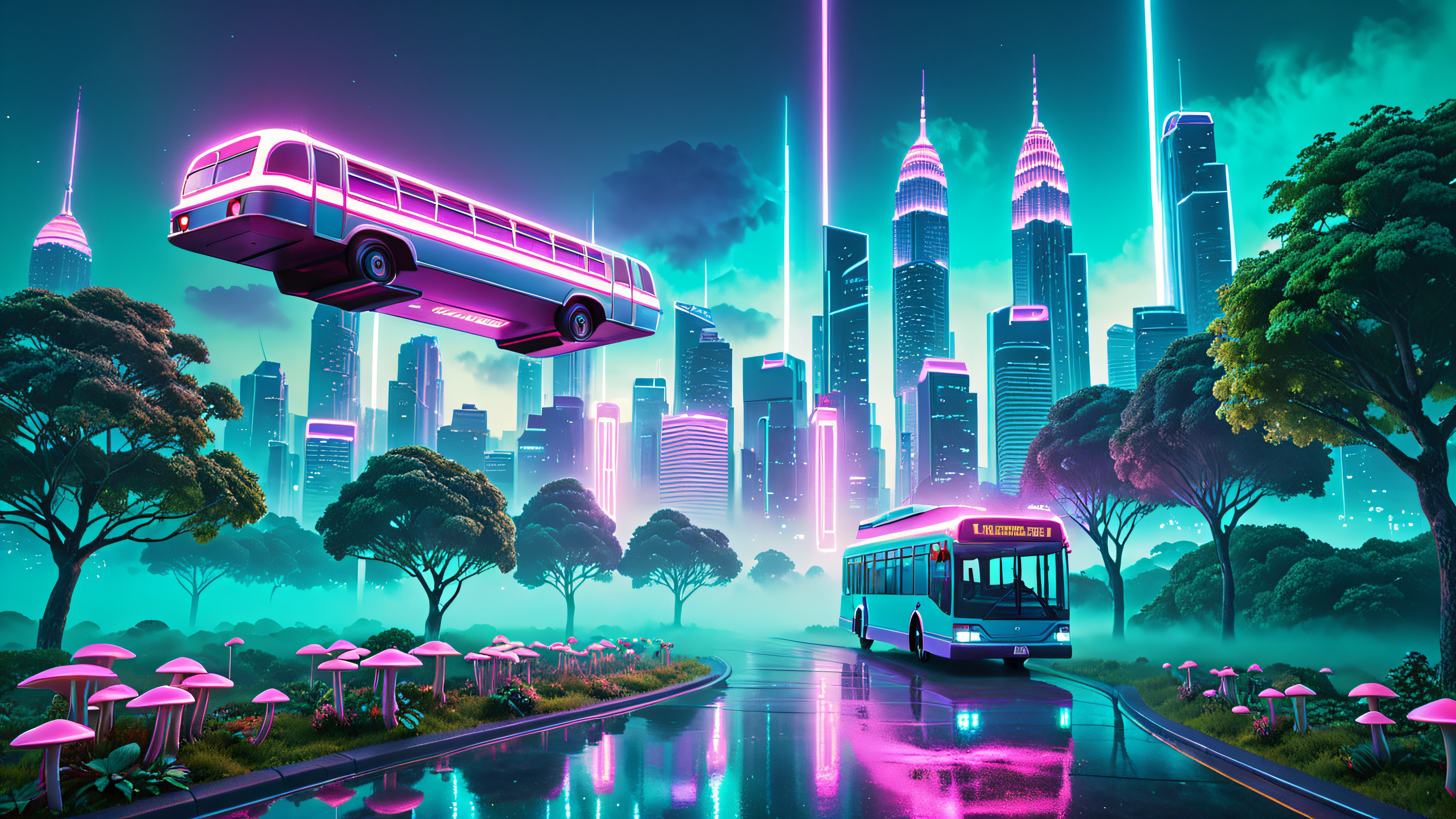 A retro-futuristic cityscape with a neon-lit bus suspended in mid-air, surrounded by greenery and misty fog, featuring digital glitch art overlay.