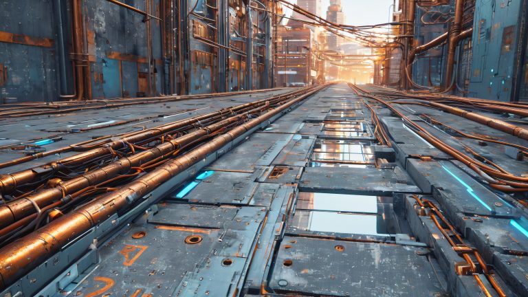 retro futuristic cityscape wallpaper distressed metal texture cyber scaled