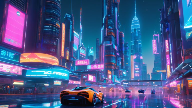 retro futurista paisaje urbano fondos de pantalla neón iluminado rascacielos aerodeslizadores escalados