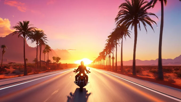 A stunning desktop wallpaper of a retro-futuristic highway with palm trees and sunbeams, featuring a lone traveler on her motorcycle at sunset, perfect for Desktop/PC backgrounds.