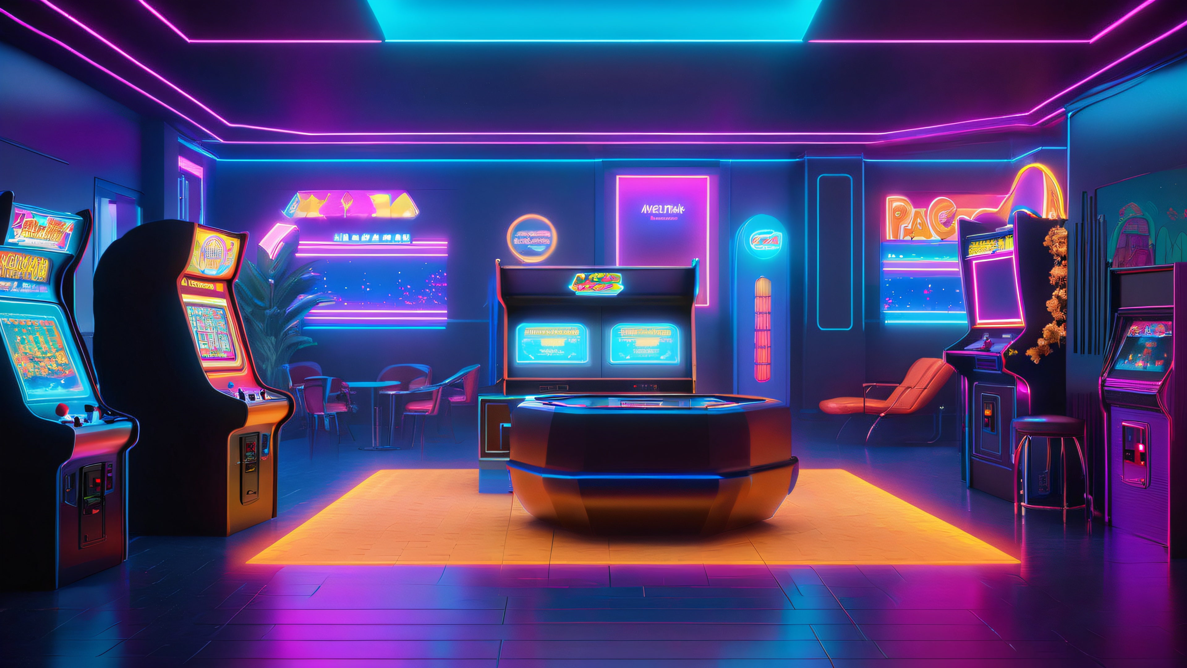 A futuristic lounge with holographic projections of 8-bit pixel art characters from classic video games amidst a dimly lit, neon-drenched environment with retro-style arcade machines and laser beams.