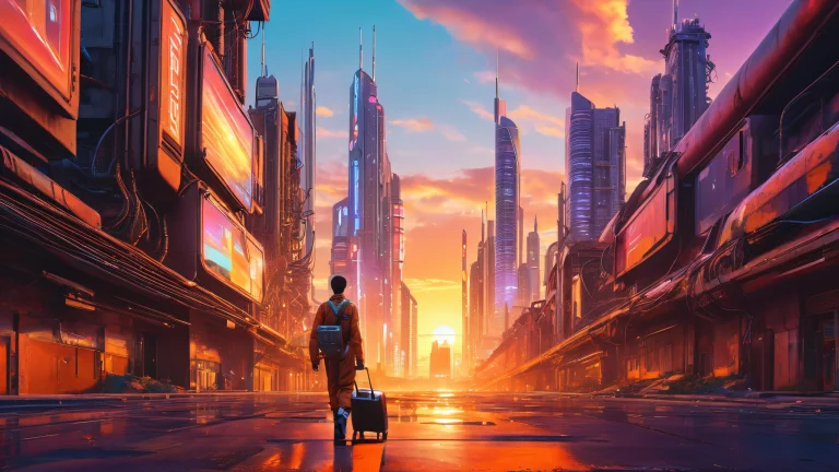 A futuristic cityscape on a desktop or PC background with holographic advertisements and a lone pioneer character.
