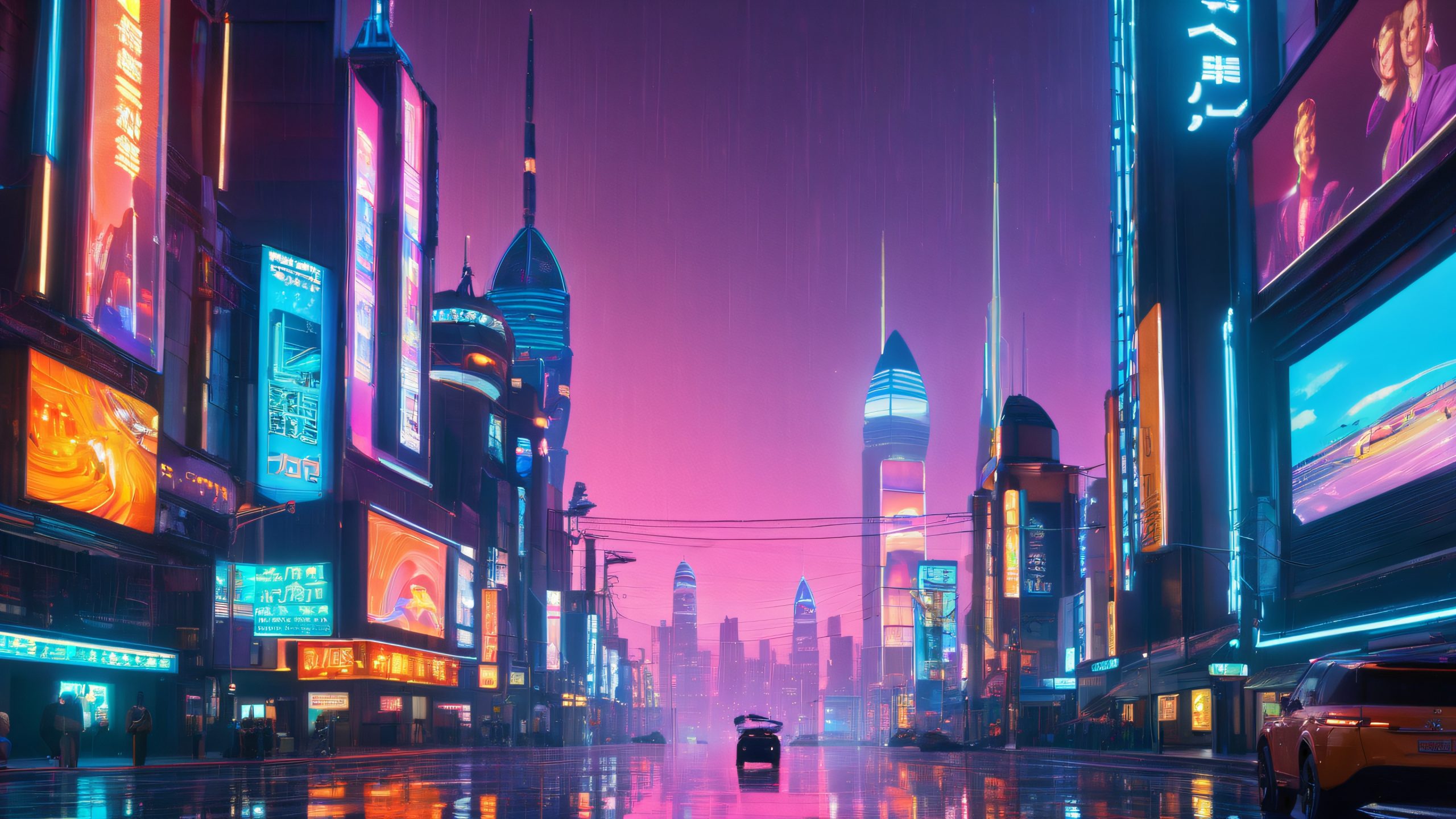 A futuristic cityscape of interconnected skyscrapers and holographic advertisements for your desktop or PC.