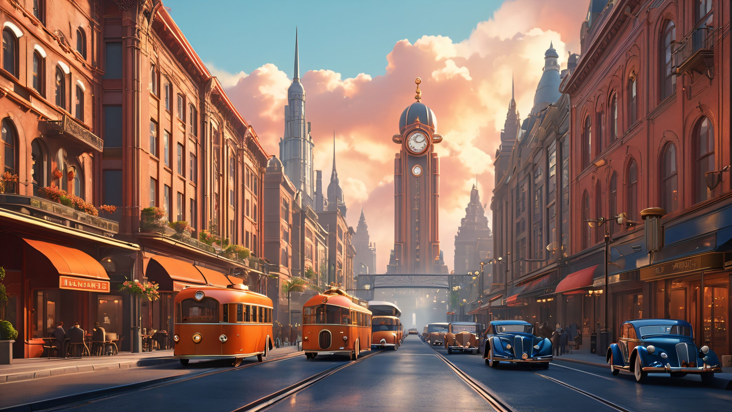 A majestic metropolis with Art Deco-inspired skyscrapers, industrial pipes, and vintage cars, ideal for desktop/PC