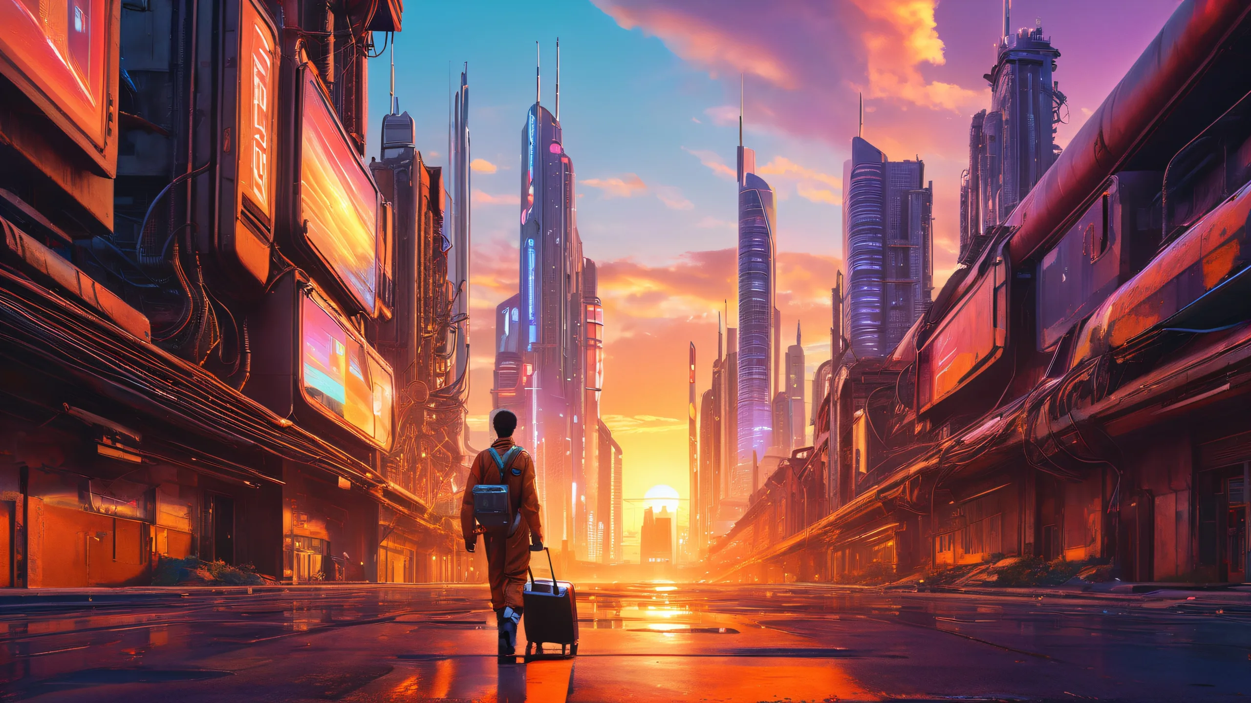 A futuristic cityscape on a desktop or PC background with holographic advertisements and a lone pioneer character.
