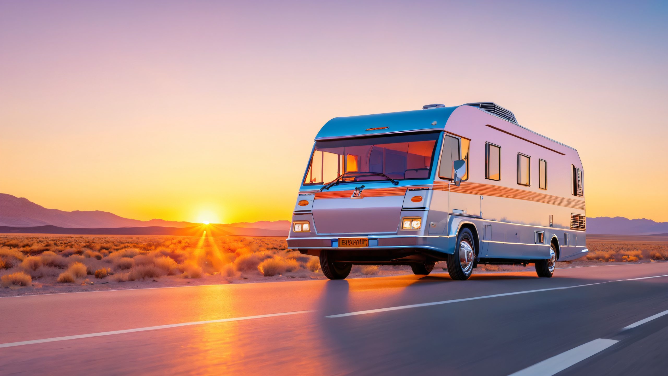 A restored 1983 Rapido motorhome with retro-futuristic details and neon lights, on a deserted highway at dusk, for desktop use on PC or laptop