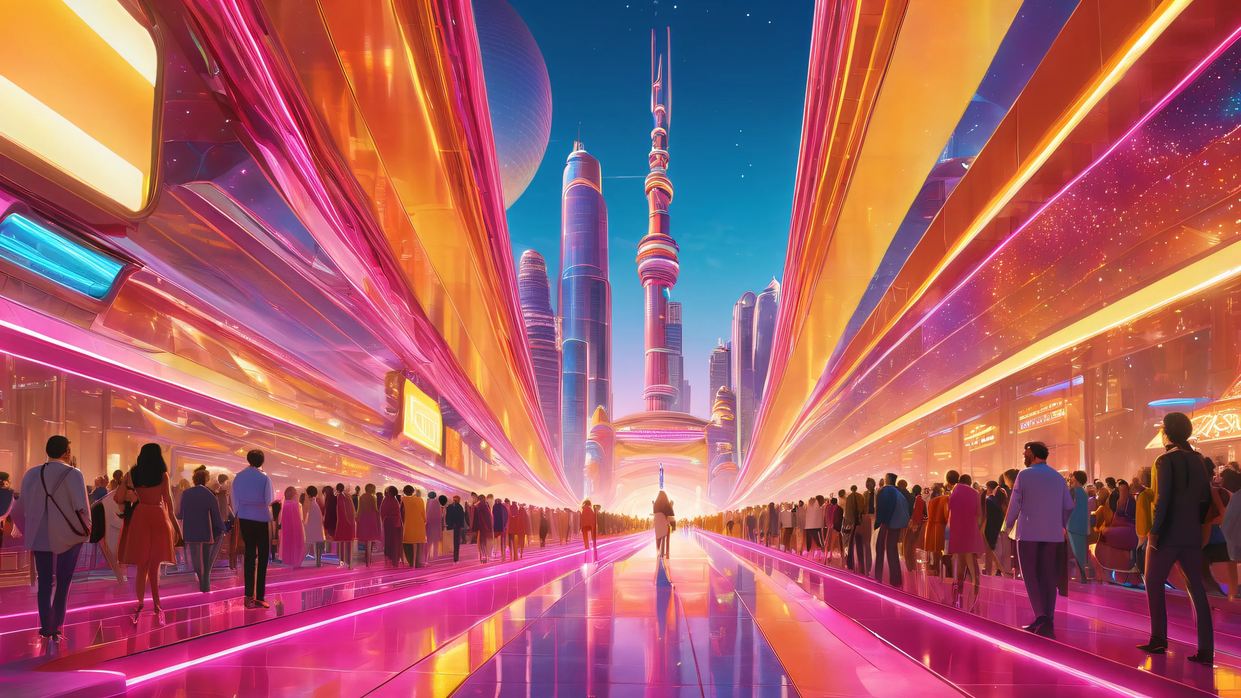 Aesthetic Retro-Futuristic Pilgrimage Background Surreal gathering of retro-futuristic pilgrims on a metallic pathway leading to a radiant portal, suitable for desktop use on PC.