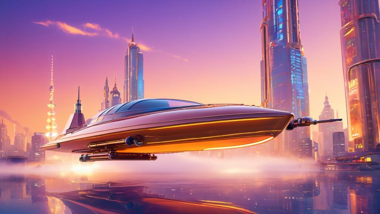 retro futuristic razorboat voyage through neon haze scaled