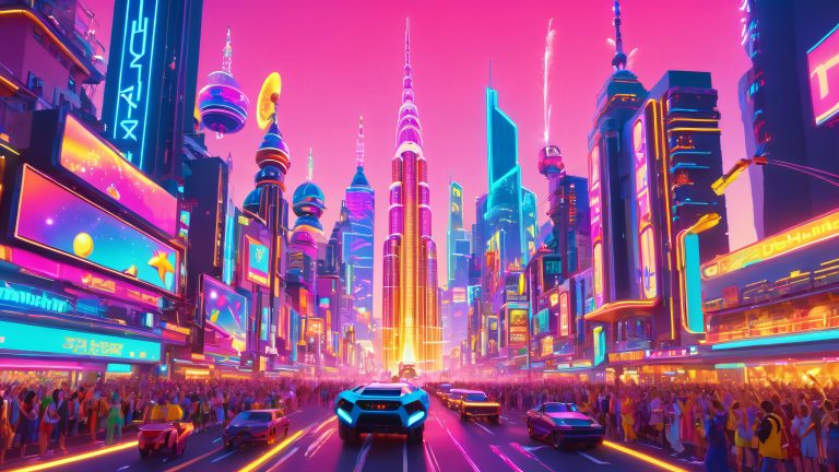 retro futuristic robot parade neon celebration wallpaper scaled