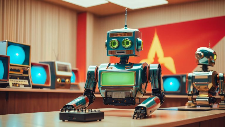 retro futuristic robot soviet flag 4k wallpaper scaled