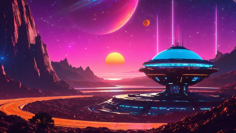 retro futuristic space station binary sunset 4k wallpaper scaled