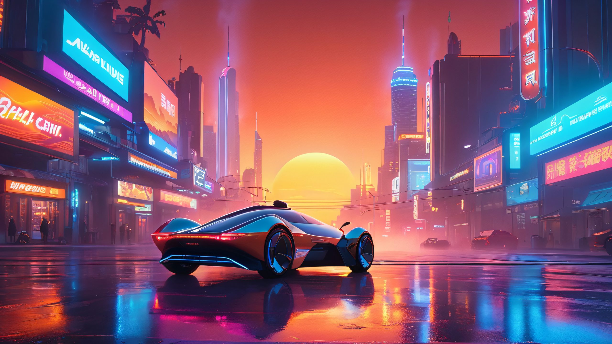A retro-futuristic cityscape at sunset on a desktop/PC with neon lights and hovercar