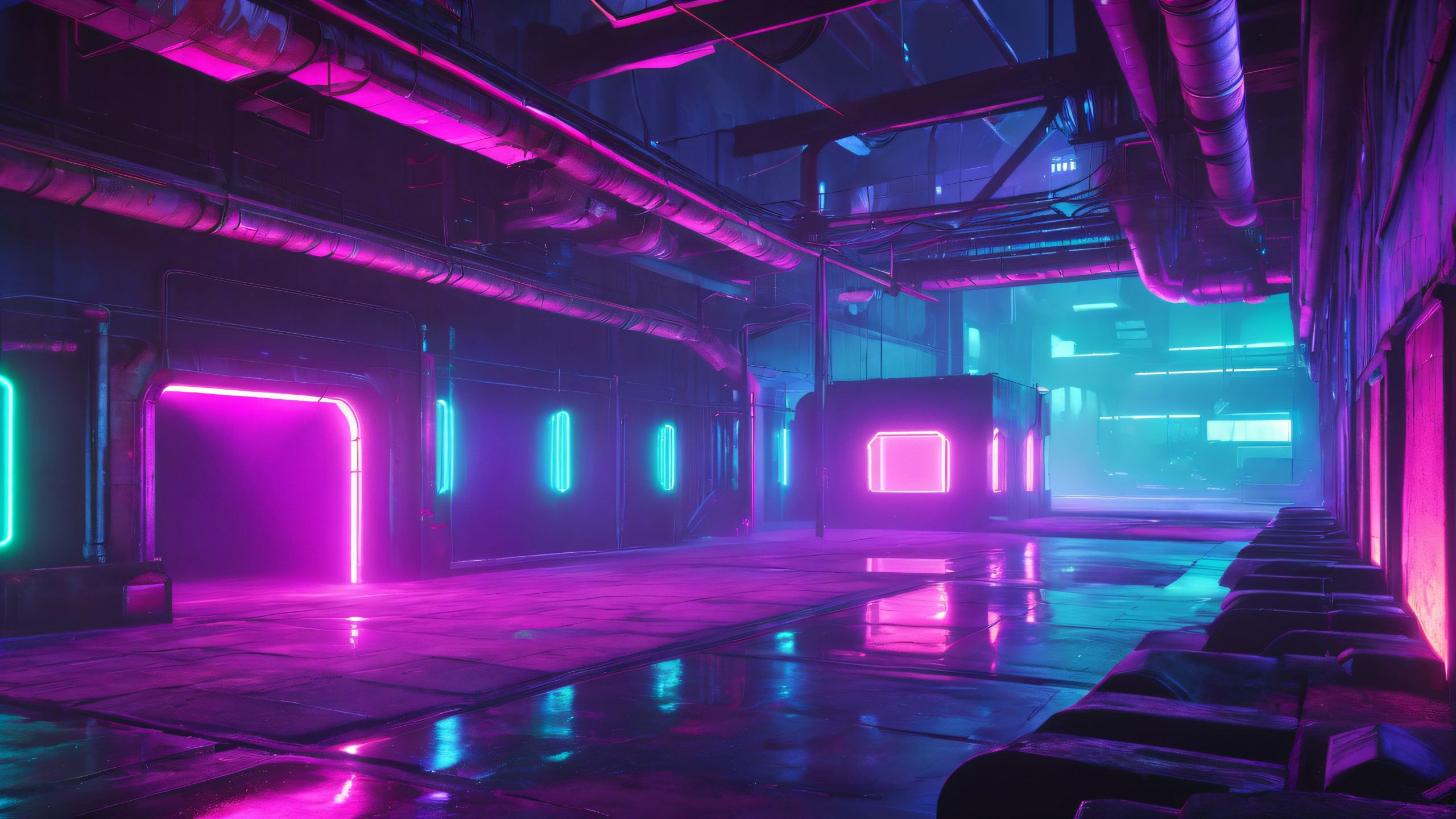 A retro-futuristic underground goth club on a desktop or PC, with a smoky atmosphere and neon lights.