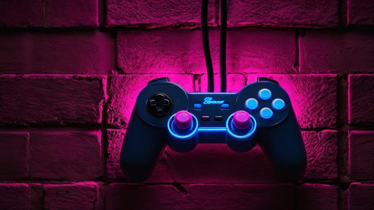retro game controller neon sign 4k wallpaper scaled