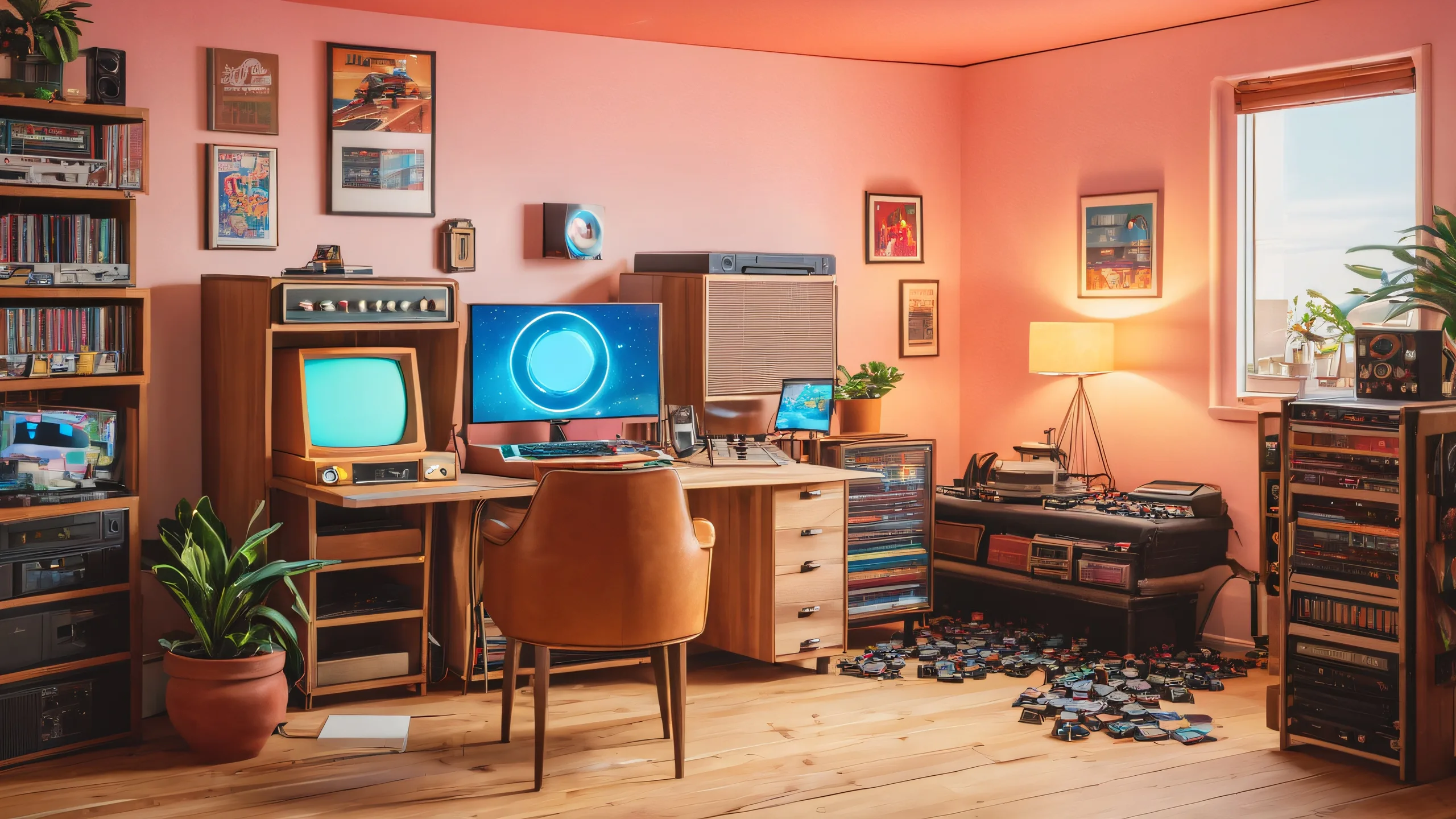 Group of passionate game developers collaborating on a project in a dimly lit, nostalgic workspace filled with vintage consoles and VHS tapes. Suitable for desktop/pc screens.