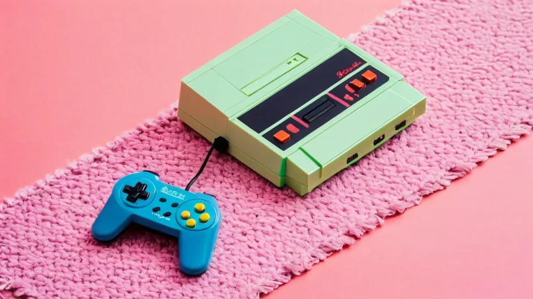 A desktop wallpaper featuring a console controller resting on retro game cartridges in a vintage gaming den, perfect for PC or desktop use.