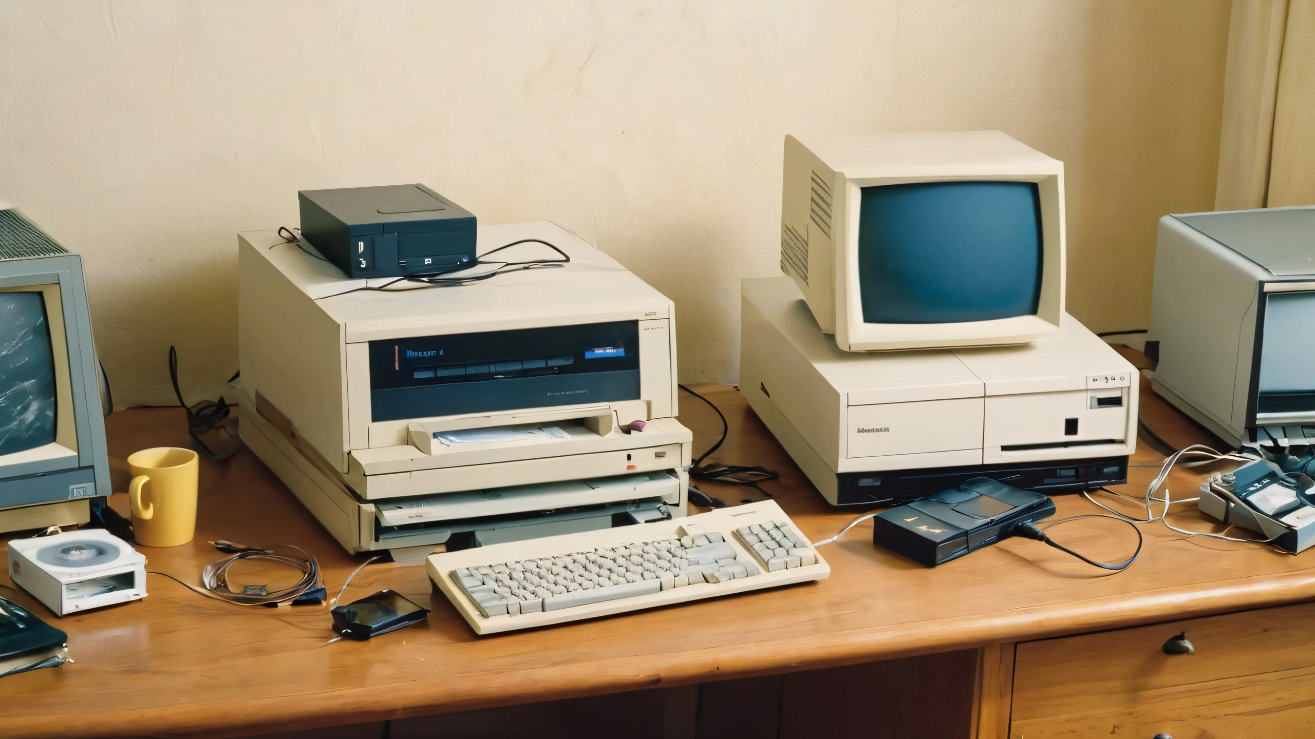 Epic Retro Revival: Vintage Tech Overload 4K Desktop Wallpaper A nostalgic desktop wallpaper featuring vintage computers and digital storage devices on a wooden desk, symbolizing the struggle to keep up with growing data needs. For Desktop/PC use.
