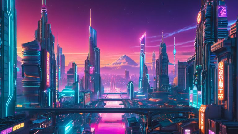 paisaje urbano retrofuturista obra maestra de onda sintética 4k escalada