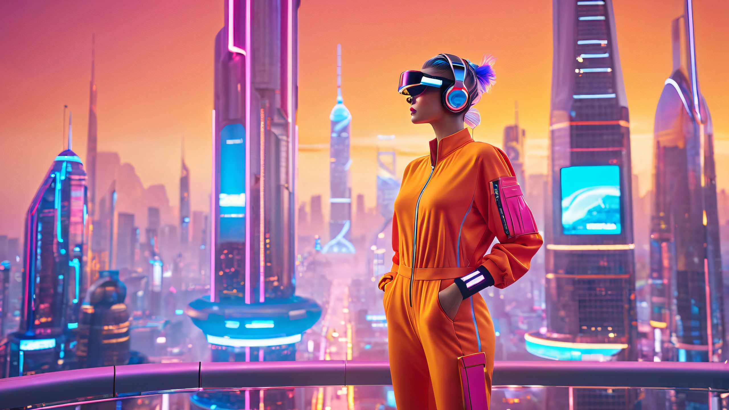 Stunning Neon Dreamscapes Awakening 4K Wallpaper A futuristic student standing in front of a cityscape with holographic advertisements and flying cars at dusk, perfect for desktop/pc use.