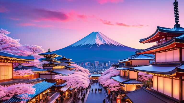 retrofuturistic cityscape mount fuji 4k desktop wallpaper scaled