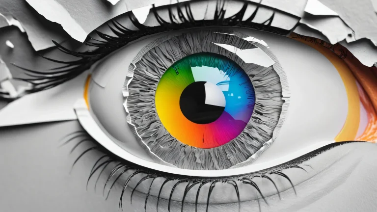 A monochrome hyperrealistic depiction of an eye surrounded by ripped paper, exuding a sense of fantasy and surrealism.