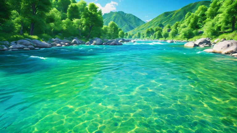 A serene and realistic depiction of a river at dawn, with gentle ripples and lush greenery surrounding the calm waters.