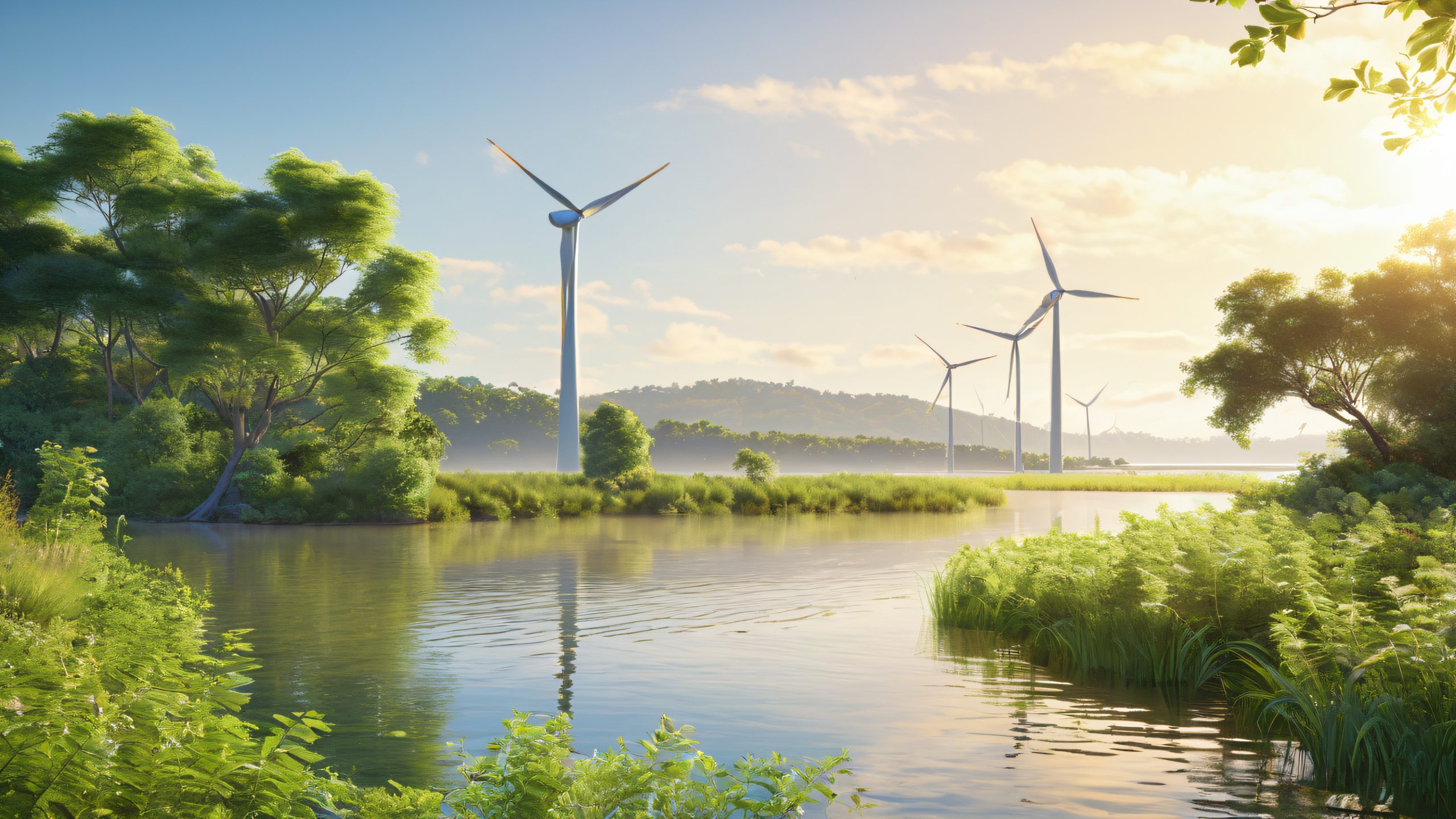 Riverbank Oasis 4K UHD Wallpaper A serene tidal river power plant scene for desktop/pc featuring lush greenery and winding streams.