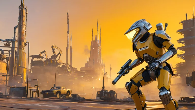 Mechanical humanoid trooper standing in a post-apocalyptic cityscape with crumbling skyscrapers and overgrown streets, suitable for Desktop/PC use.