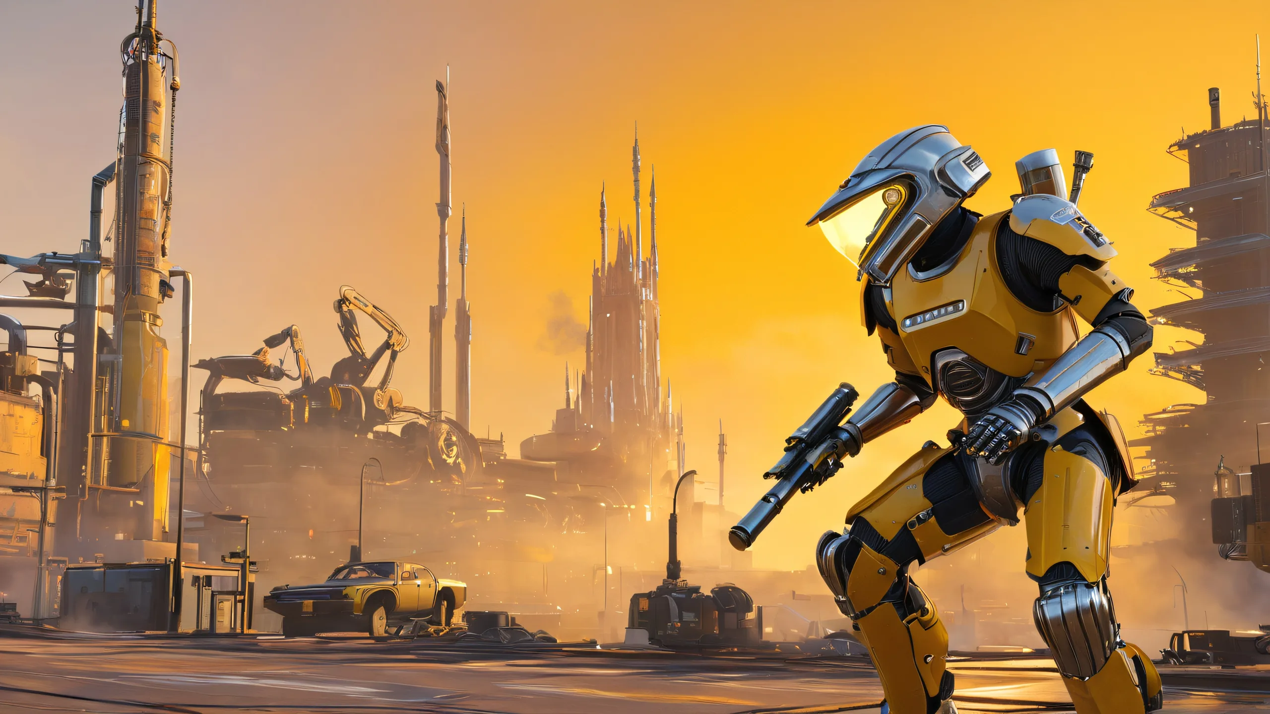 4K Riveted Reaper's Urban Siege Wallpaper for PC/Mac Mechanical humanoid trooper standing in a post-apocalyptic cityscape with crumbling skyscrapers and overgrown streets, suitable for Desktop/PC use.