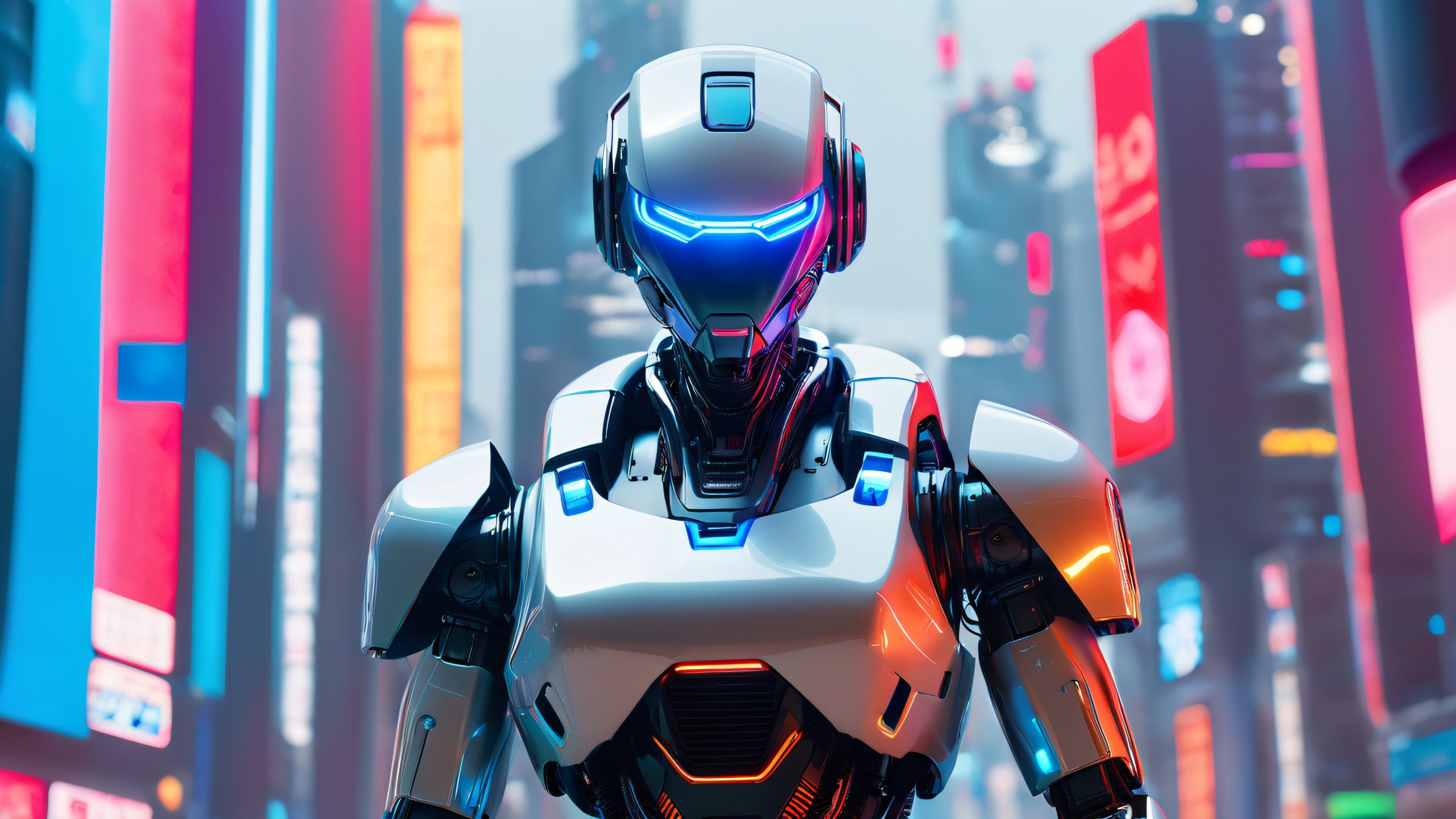 Sleek compressor unit and humanoid robot standing in front of a futuristic cityscape with towering skyscrapers, hovering drones, and a swirling vortex of code and circuitry, suitable for desktop or PC
