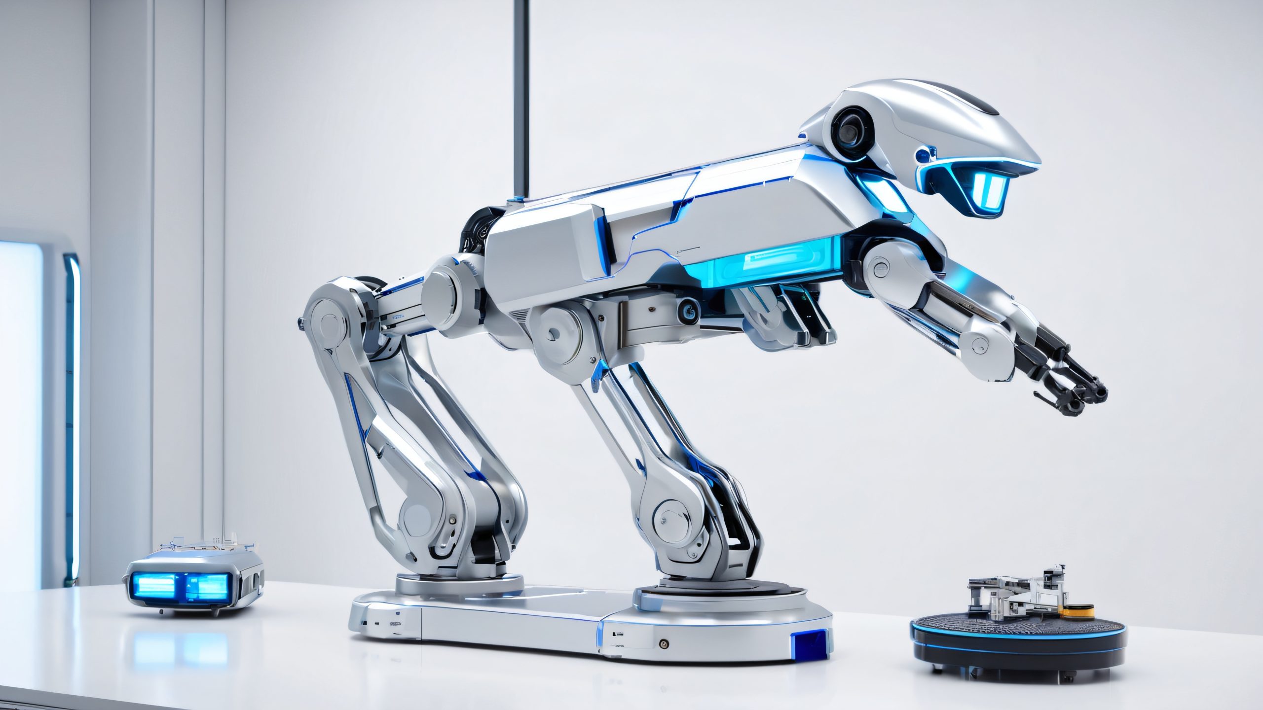 Futuristic robotic ironing assistant standing on a minimalist workbench, surrounded by fabrics and precision instruments for desktop use