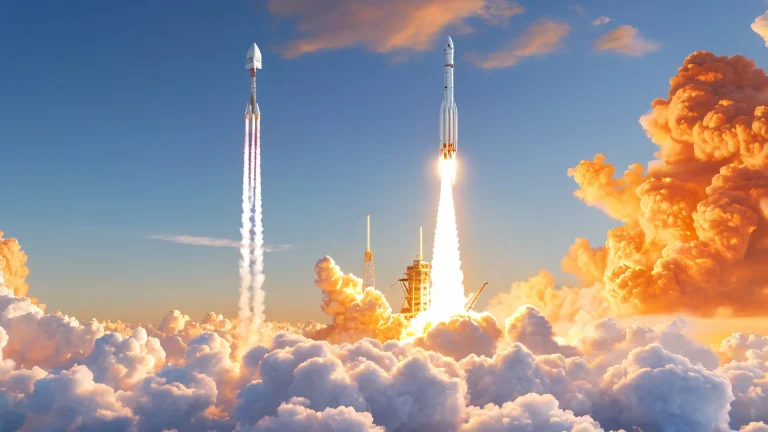 A majestic Falcon 9 rocket soaring into orbit on a clear blue desktop/pc background with wispy clouds and orange/yellow hues.