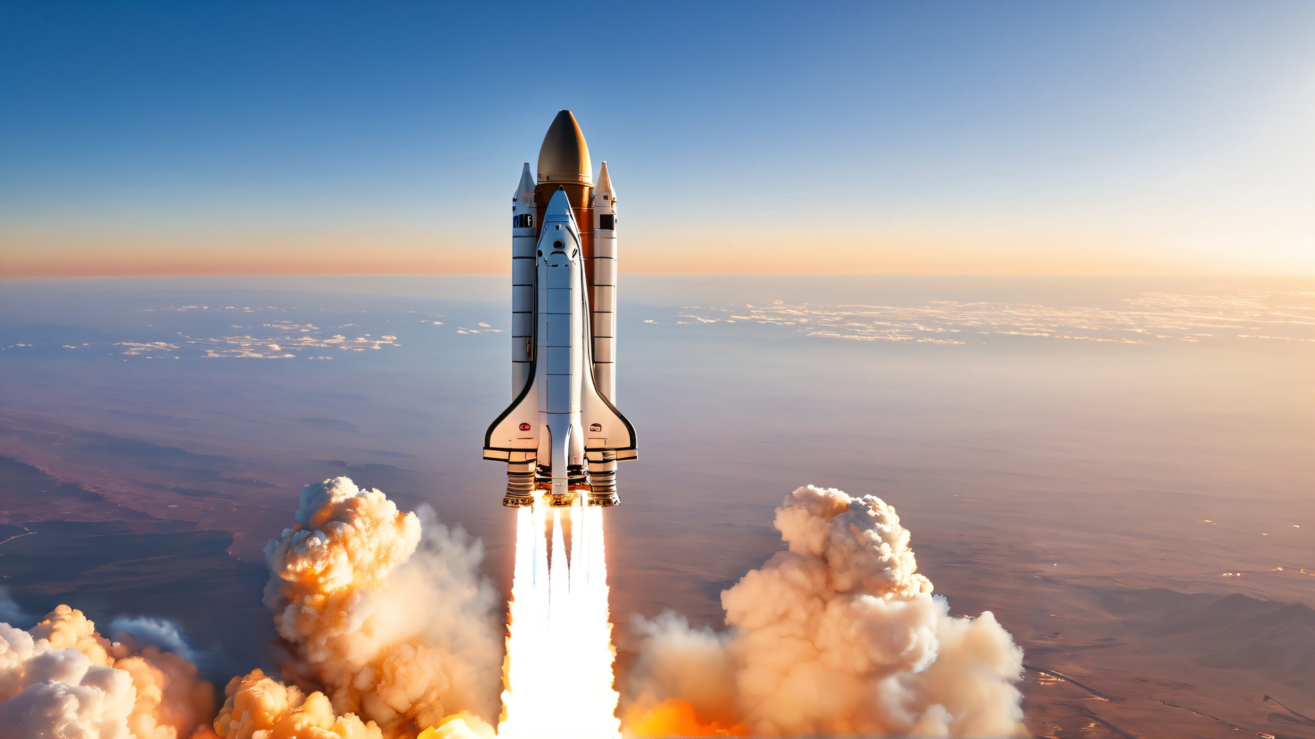 Astronauts in spacesuits gaze out at the curved Earth's horizon as a rocket separates and falls back to Earth with engines ablaze, on a desktop or PC