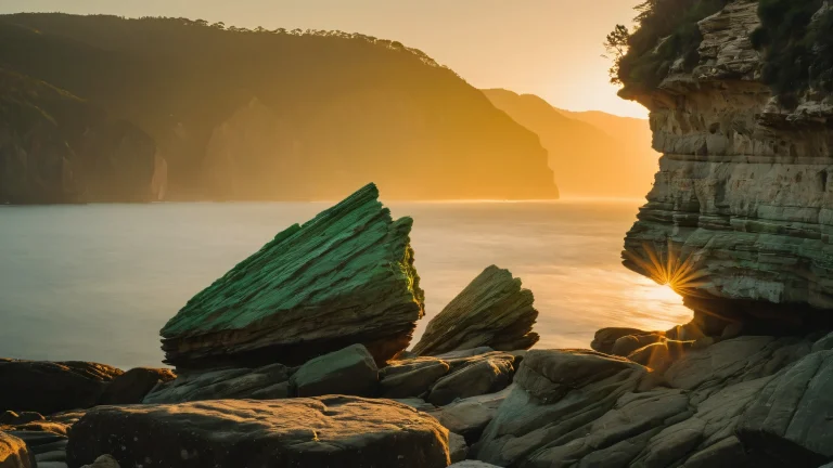 Intricate rock formations with detailed texture and geological patterns, stunning coastal landscape with lush green forest in the background.