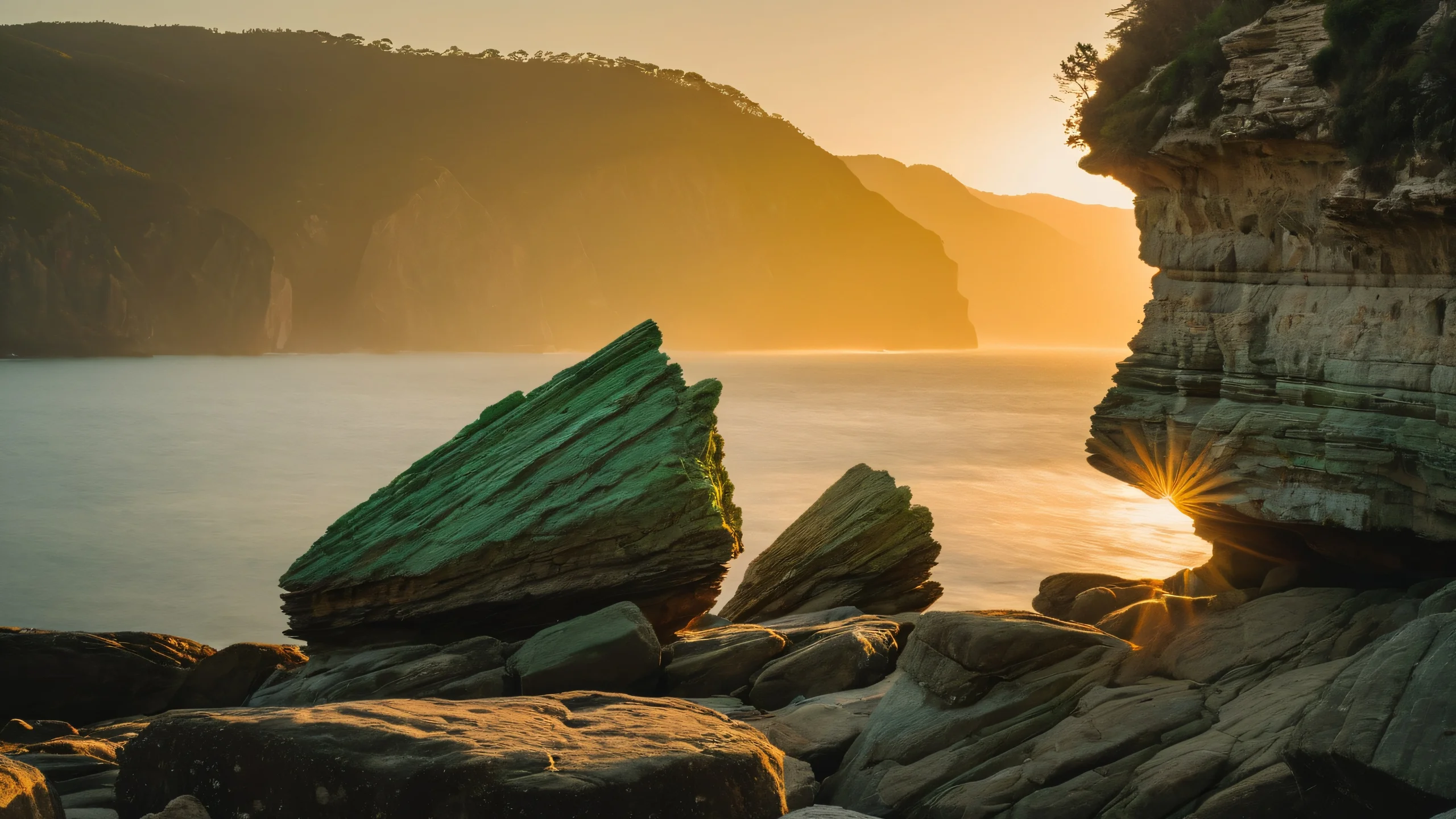 Intricate rock formations with detailed texture and geological patterns, stunning coastal landscape with lush green forest in the background.